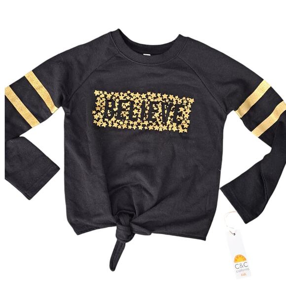NWT C&C California Girls Black Gold Glitter Believe Sweatshirt Size S 6/6X - Picture 1 of 7